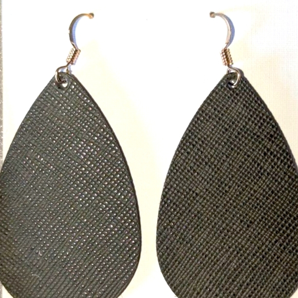 Nickel & Suede Olive Green Teardrop Earrings - Picture 2 of 2